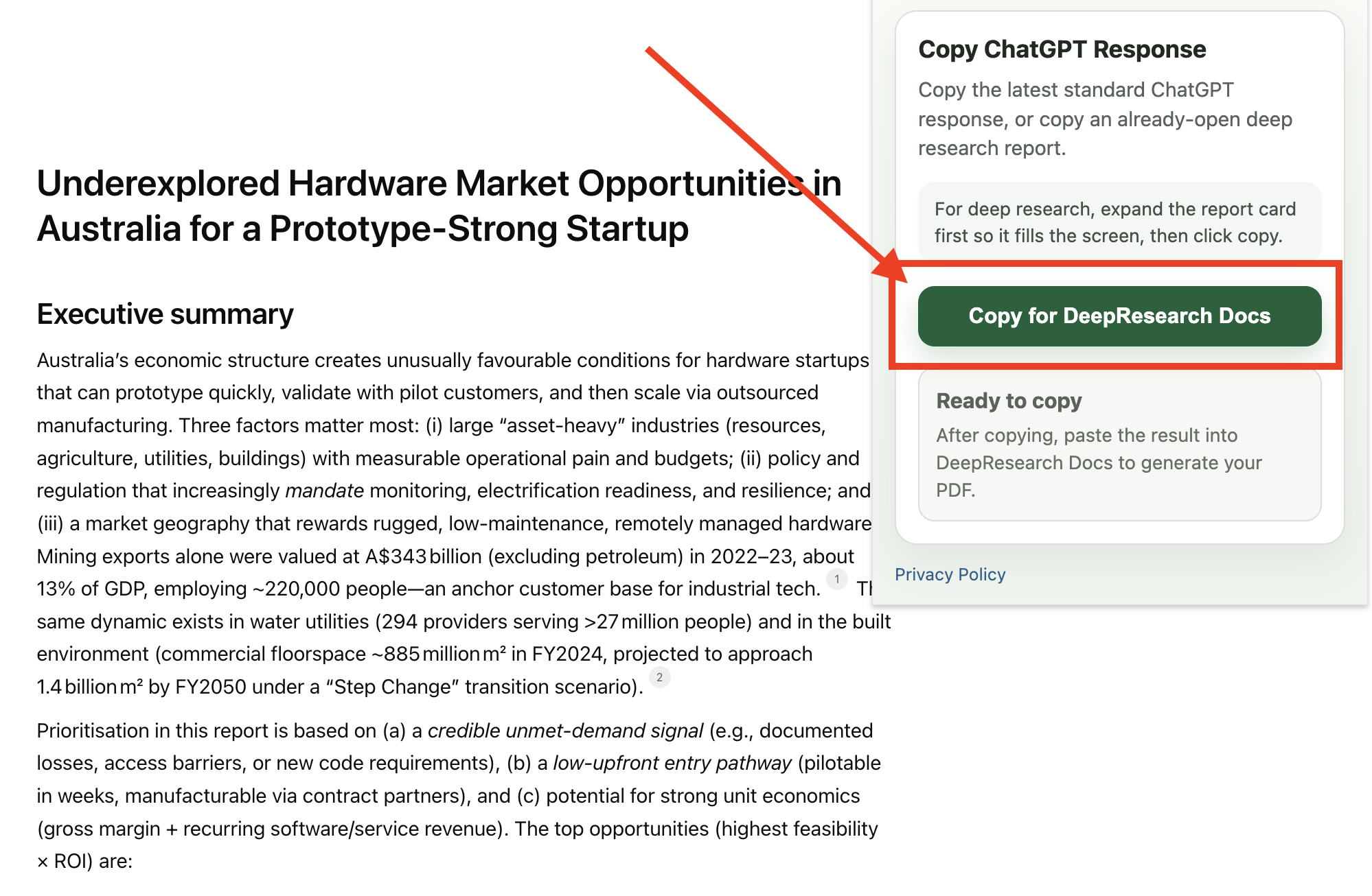 ChatGPT to Markdown Exporter popup with the main copy button highlighted